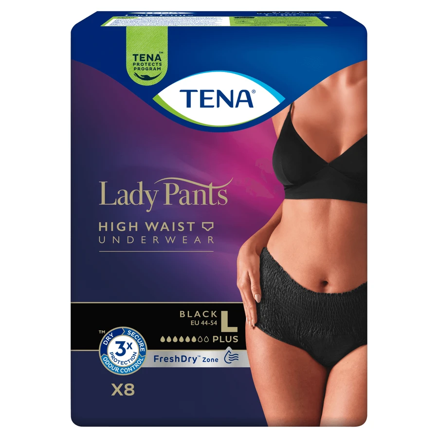 Tena Lady Pants Noir, saugfähige Slips, Größe L, 95-130 cm, Plus, 8 Stück