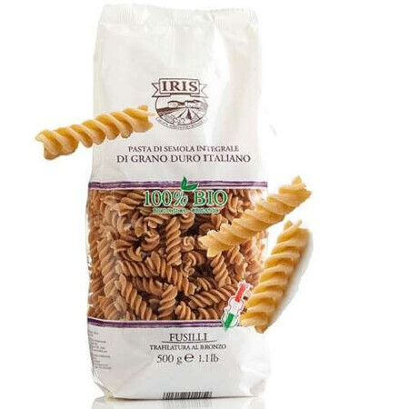 Pasta fusilli ecológica de trigo duro integral, 500 g, Iris Bio