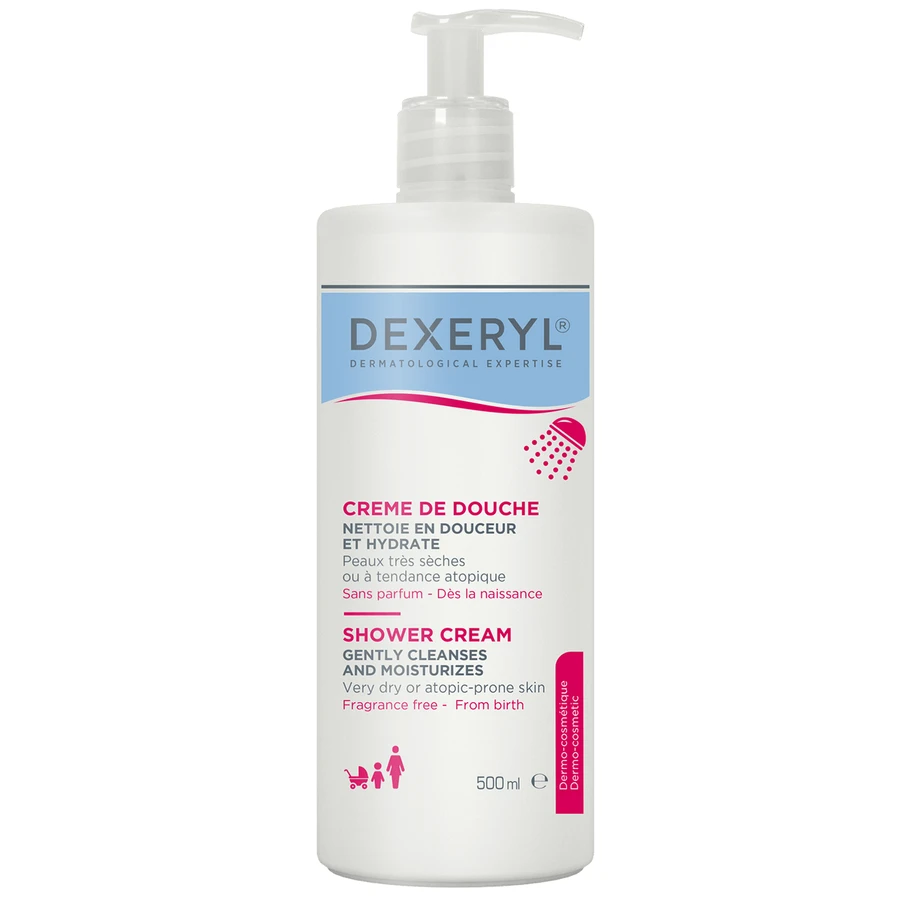 Set Dexeryl, lapte de corp hrănitor, 500 ml + cremă de curățare pentru duș pentru bebeluși, copii și adulți, piele foarte uscată și atopică, 500 ml