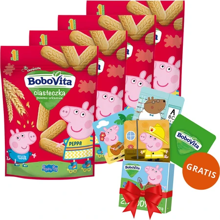 Zestaw BoboVita Świnka Peppa Ciasteczka pszenno-orkiszowe, po 1 roku, 4 x 150 g + karty do gry memory, 24 sztuki gratis: ceny i cechy