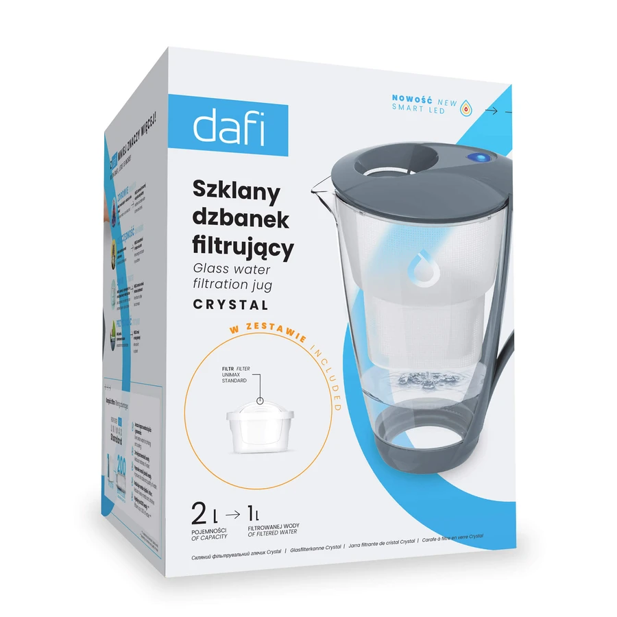 Dafi Crystal Led, jarra filtrante de vidrio, acero, 2 l + filtro Unimax, 1 pieza