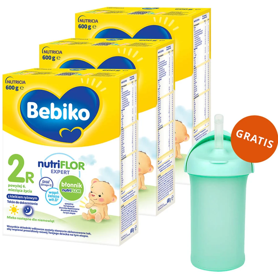 Set Bebiko 2R Nutriflor Expert, pappa di riso di proseguimento del latte, oltre i 6 mesi, 3 x 600 g + Boon, biberon con cannuccia Swig, 265 ml in omaggio