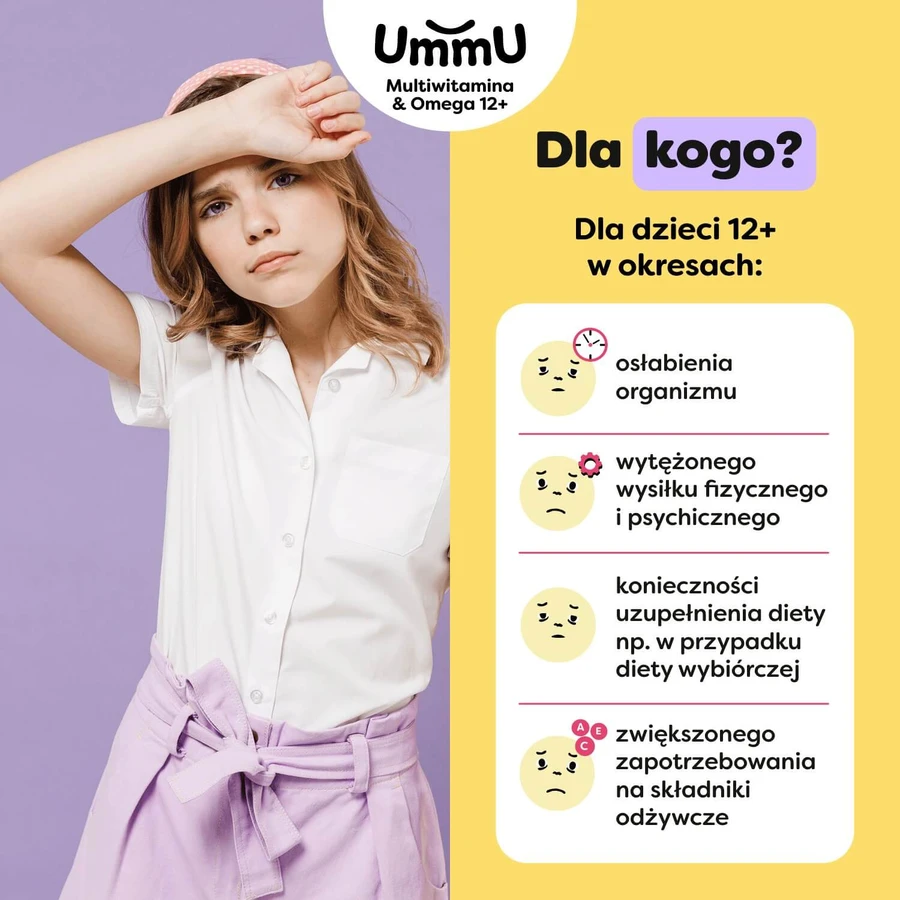 UmmU Multiwitamina & Omega, dla dzieci od 12 lat, 27 pastylek do żucia: ceny i cechy
