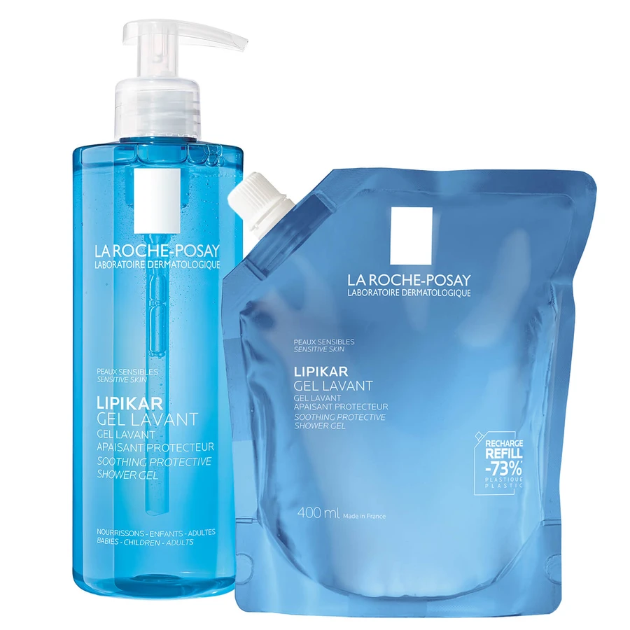 La Roche-Posay Lipikar set, gel nettoyant doux pour le visage et le corps, peau sensible, 400 ml + réserve, 400 ml