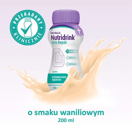 Zestaw Nutridrink Skin Repair, preparat odżywczy, smak waniliowy, 12 x 200 ml: ceny i cechy