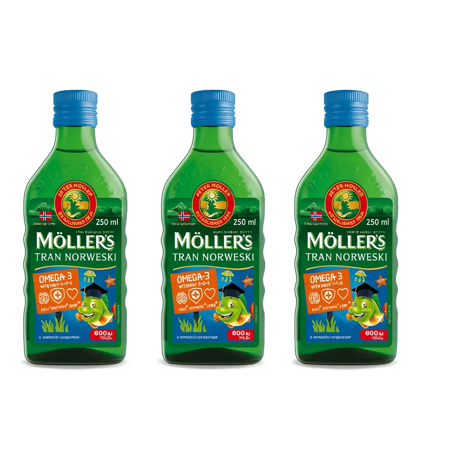 Möller's Omega 3 Lebertran, Nordic omega 3 kinder Nahrungsergänzung mit EPA, DHA, Vitamin A, D und E ,Tutti Frutti, 3x250 ml, Möller's