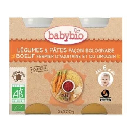 Bio-Gemüse- und Nudelpüree nach Bolognaise-Art, +6 Monate, 2X200gr, Babybio