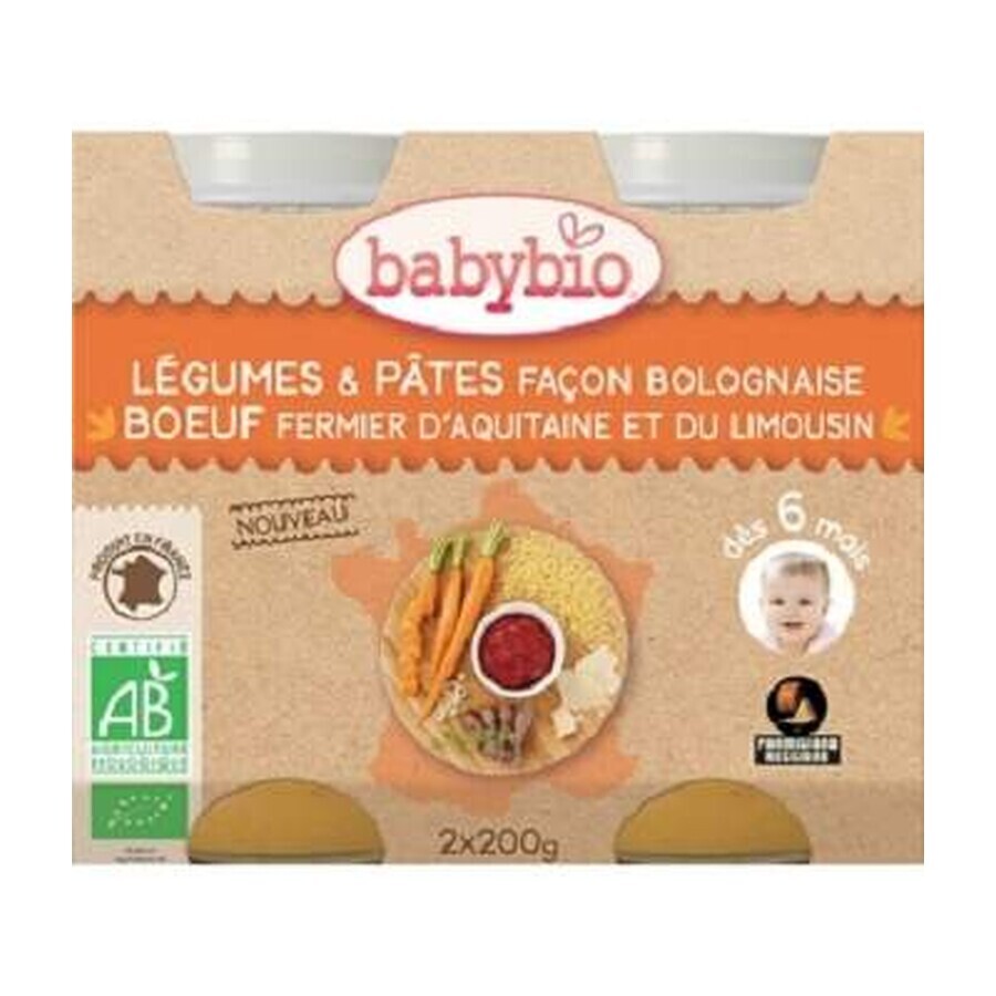 Bio-Gemüse- und Nudelpüree nach Bolognaise-Art, +6 Monate, 2X200gr, Babybio