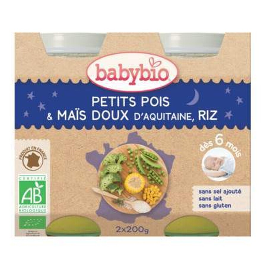 Puré ecológico de guisantes, maíz dulce y arroz, +6 meses, 2x 200g, BabyBio