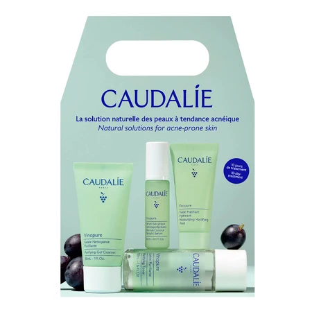 Caudalie Vinopure Starter Kit, Reinigungsgel für das Gesicht, 30 ml + Gesichtswasser, 50 ml + Serum für Unvollkommenheiten, 10 ml + mattierendes und feuchtigkeitsspendendes Fluid, 15 ml