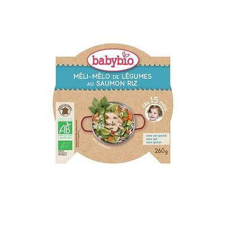 Organic Menu puree of vegetables, rice and salmon fish, +15months, 260g, BabyBio