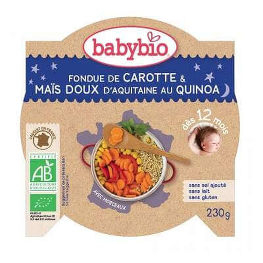 Menú puré ecológico de zanahoria, maíz dulce y quinoa, +12meses, 230g, BabyBio