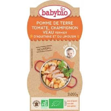 Puré ecológico de tomates, champiñones y ternera, +8 meses, 2 x 200g, BabyBio