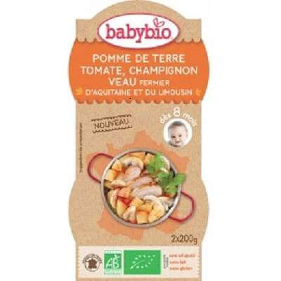 Menù biologico purea di pomodori, funghi e vitello, +8 mesi, 2 x 200g, BabyBio