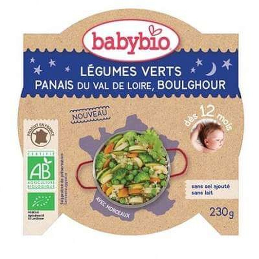 Menú puré ecológico verduras verdes, chirivía y bulgur, +12meses, 230g, BabyBio