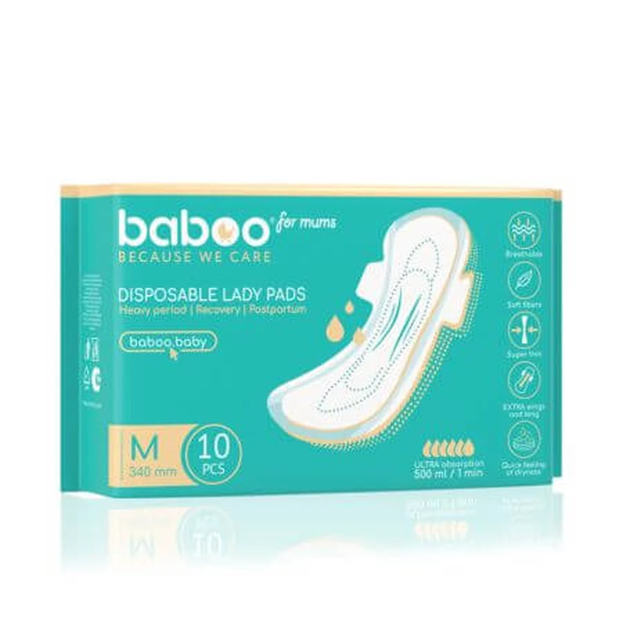 Absorbentes postnatales desechables, Talla M 340 mm, 10 piezas, Baboo