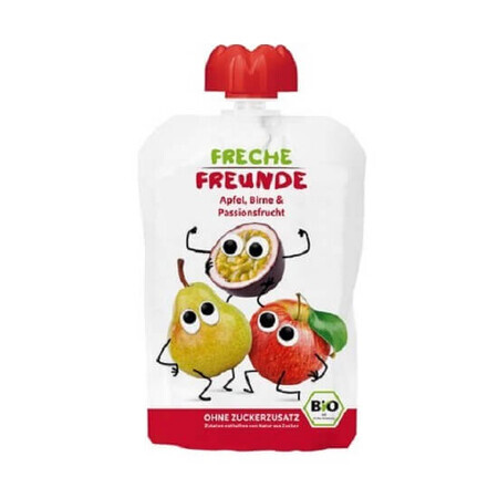 Puré ecológico de manzana, pera y fruta de la pasión, 100 gr, Freche Freunde