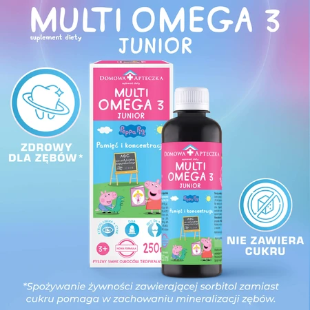 MultiOmega 3 Junior, líquido para niños mayores de 3 años, sabor frutas tropicales, 250 ml + Piruleta Peppa Pig Vitaminada sin azúcar, sabor fresa, a partir de 3 años, 8 g gratis