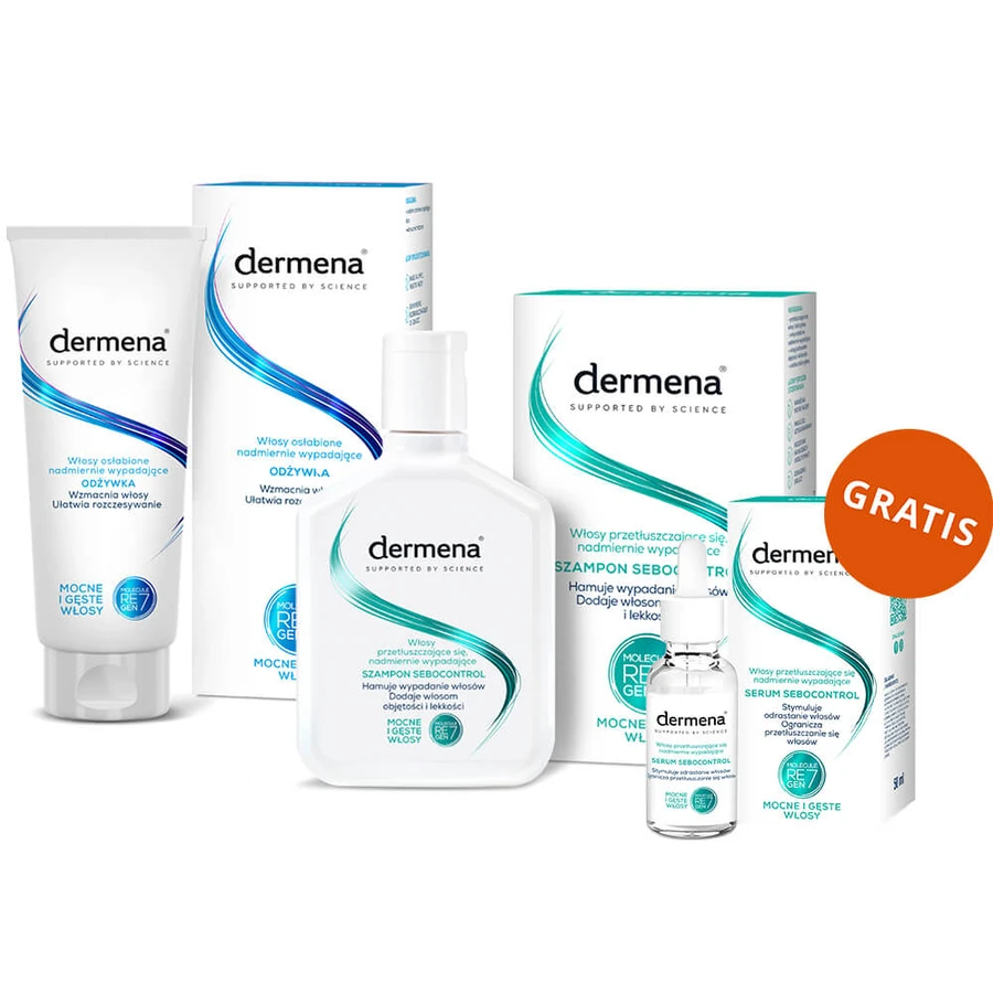 Set de cuidado capilar Dermena, acondicionador fortalecedor del cabello, 200 ml + champú para cabello graso, 200 ml + suero estimulante del crecimiento capilar, 50 ml gratis