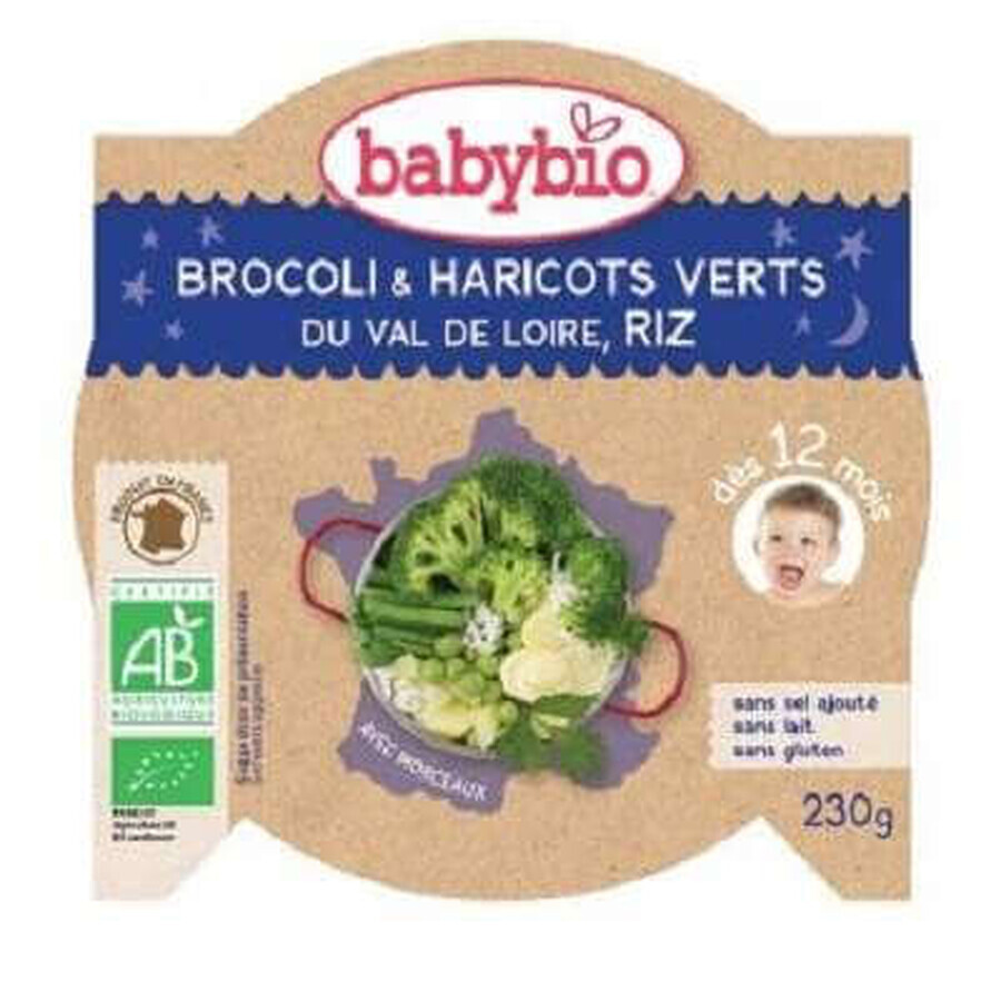 Menú puré ecológico de brócoli, judías verdes y arroz, +12 meses, 230 g, BabyBio