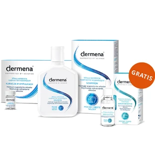 Set Dermena Hair Care, haaruitval preventieve shampoo, 200 ml + haaruitval remmende behandeling, 5 ml x 15 ampullen + haargroei stimulerend serum, 50 ml gratis