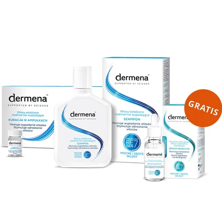 Set Dermena Hair Care, haaruitval preventieve shampoo, 200 ml + haaruitval remmende behandeling, 5 ml x 15 ampullen + haargroei stimulerend serum, 50 ml gratis