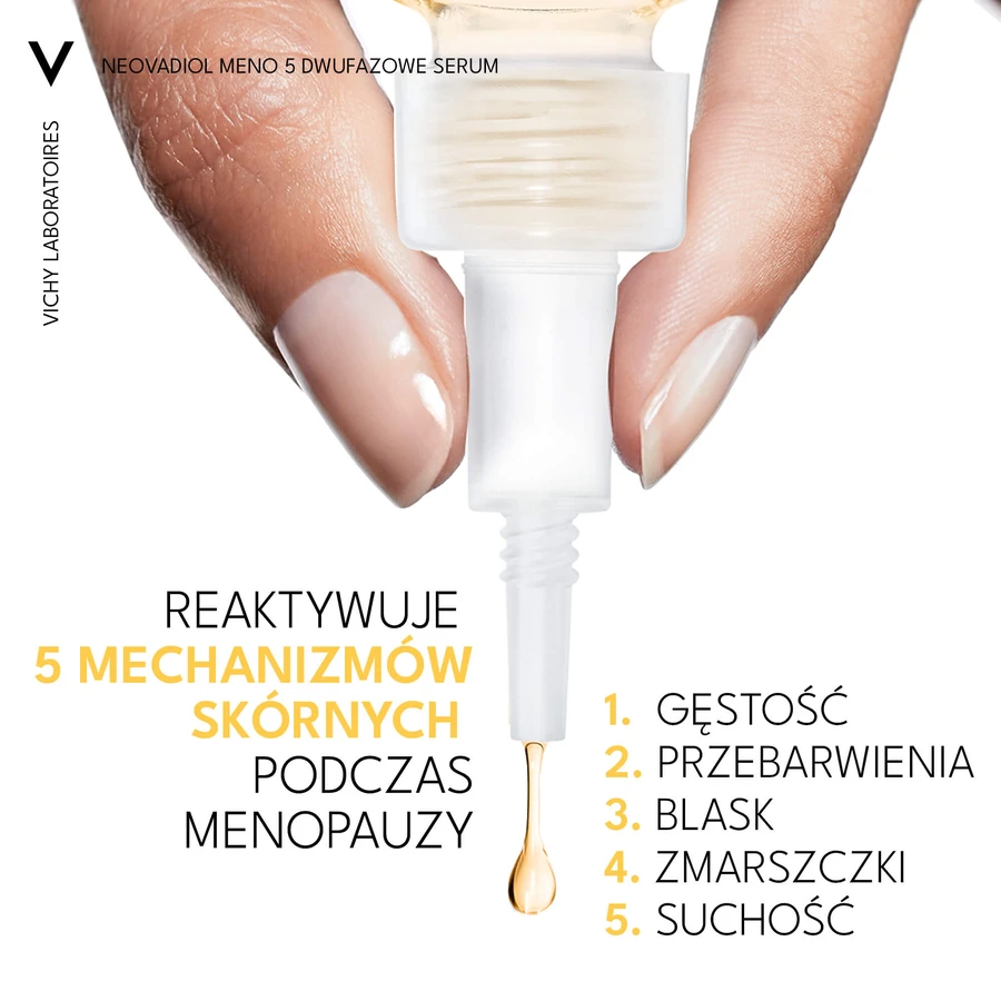 Set Vichy Neovadiol Meno 5, ser bifazic, fermitate și ton uniform, 30 ml + loțiune de zi, 50 ml + fluid ușor SPF 50+, 15 ml + geantă cosmetică gratuită