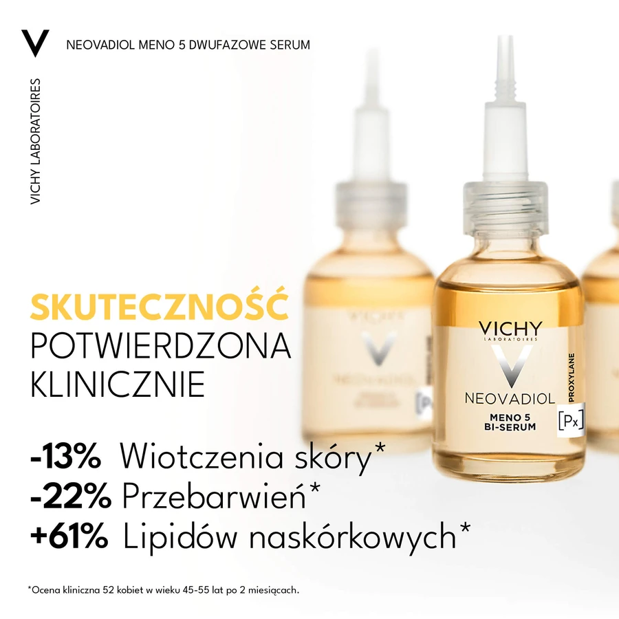 Set Vichy Neovadiol Meno 5, ser bifazic, fermitate și ton uniform, 30 ml + loțiune de zi, 50 ml + fluid ușor SPF 50+, 15 ml + geantă cosmetică gratuită