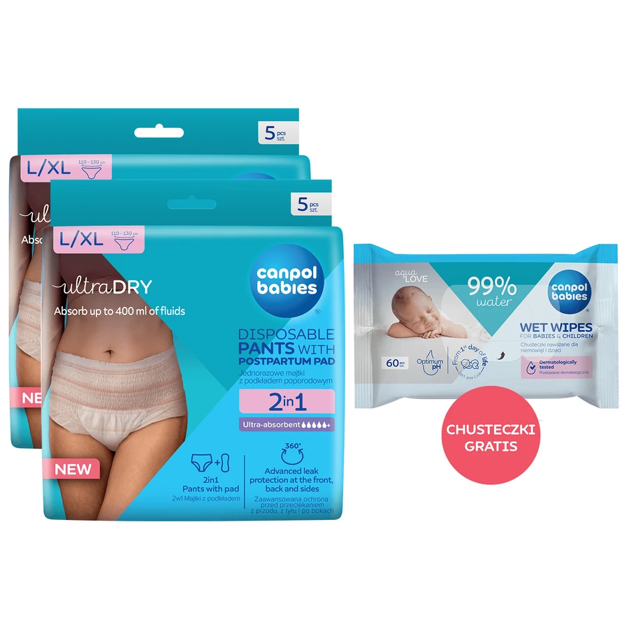 Canpol Babies Set, 2-in-1 atmungsaktives Schwangerschaftshöschen, mit Einlage, Einweg, Größe L/XL, 2 x 5 Stück + Feuchttücher, 60 Stück gratis