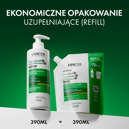 Vichy Dercos Anticaspa DS, champú anticaspa, cabello seco, recambio, 390 ml