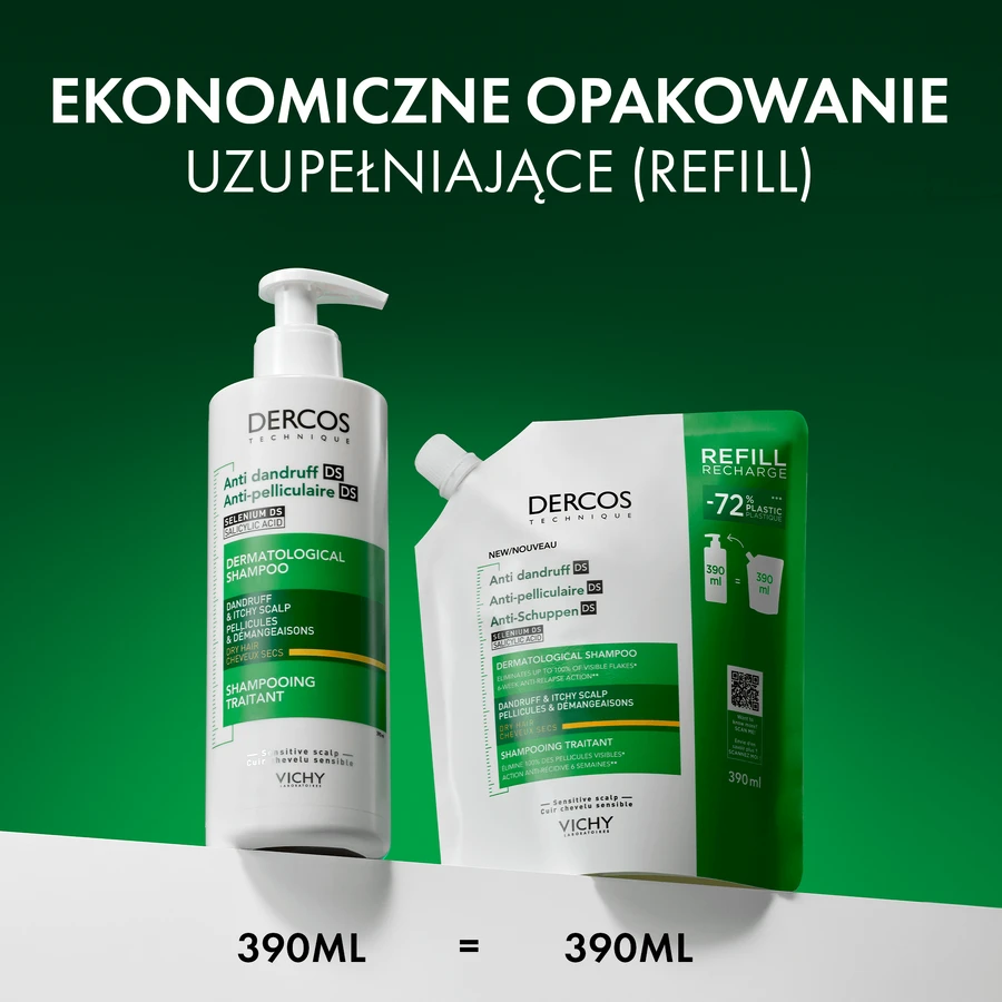 Vichy Dercos Anticaspa DS, champú anticaspa, cabello seco, recambio, 390 ml