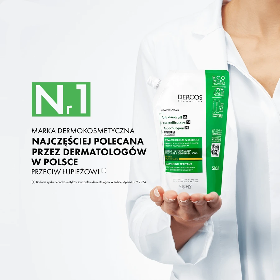 Vichy Dercos Anticaspa DS, champú anticaspa, cabello seco, recambio, 390 ml