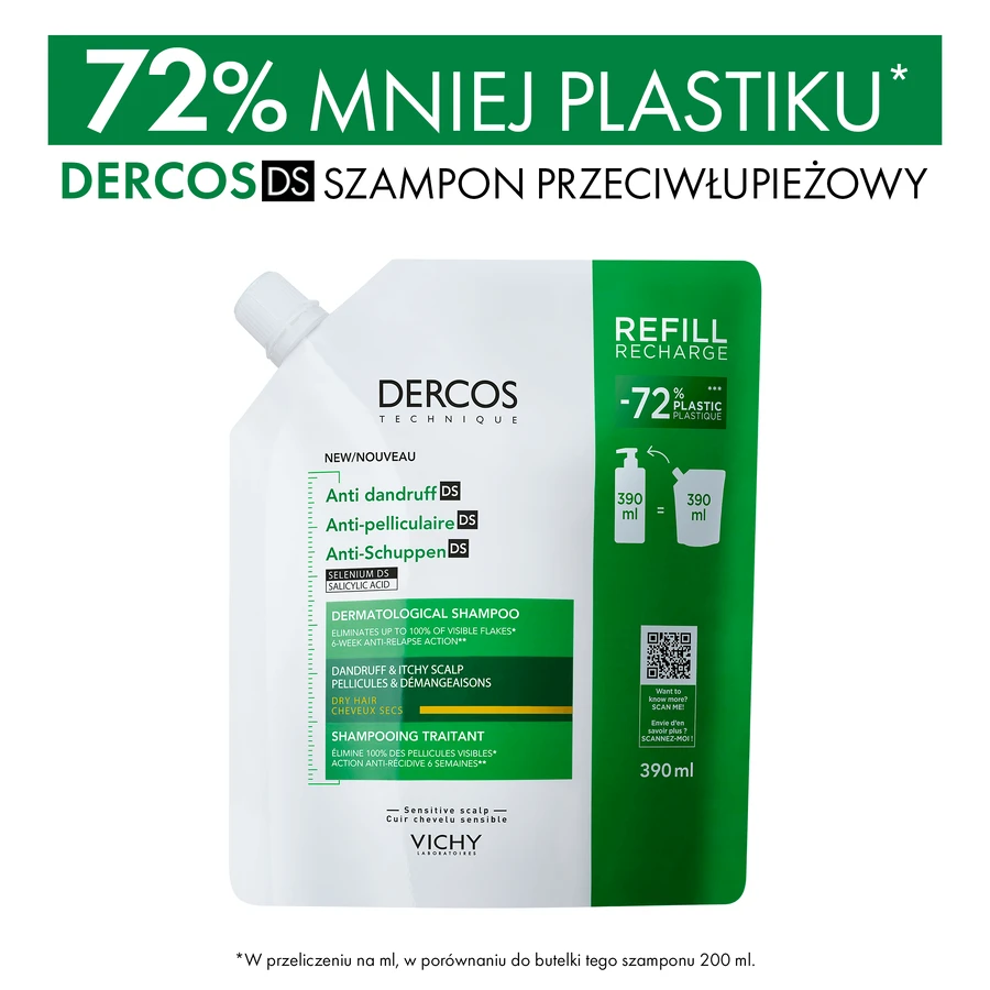 Vichy Dercos Anticaspa DS, champú anticaspa, cabello seco, recambio, 390 ml