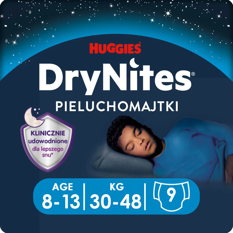 Huggies DryNites, slip notturni per ragazzi, 8 -13 anni, 30-48 kg, 9 pezzi