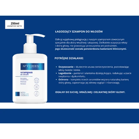 Aptederm Sensitive, szampon do włosów, skóra wrażliwa i atopowa, 250 ml: ceny i cechy