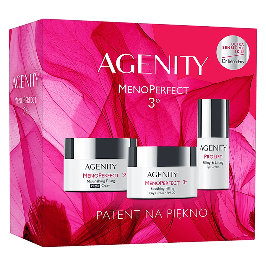 Set Agenity 3° MenoPerfect 2025, crema de día rellenadora calmante, FPS 20, 50 ml + crema de noche rellenadora nutritiva, 50 ml + crema de contorno de ojos rellenadora y lifting, 15 ml
