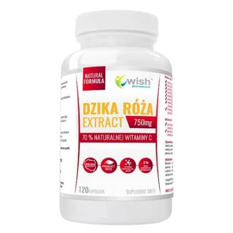 Wish Pharmaceutical Extracto de rosa mosqueta silvestre 750 mg Vitamina C natural, 120 cápsulas