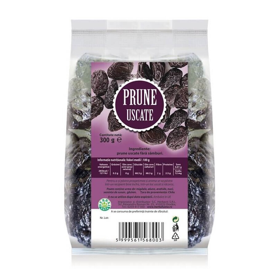 Prugne secche senza nocciolo, 300 gr, Herbal Sana