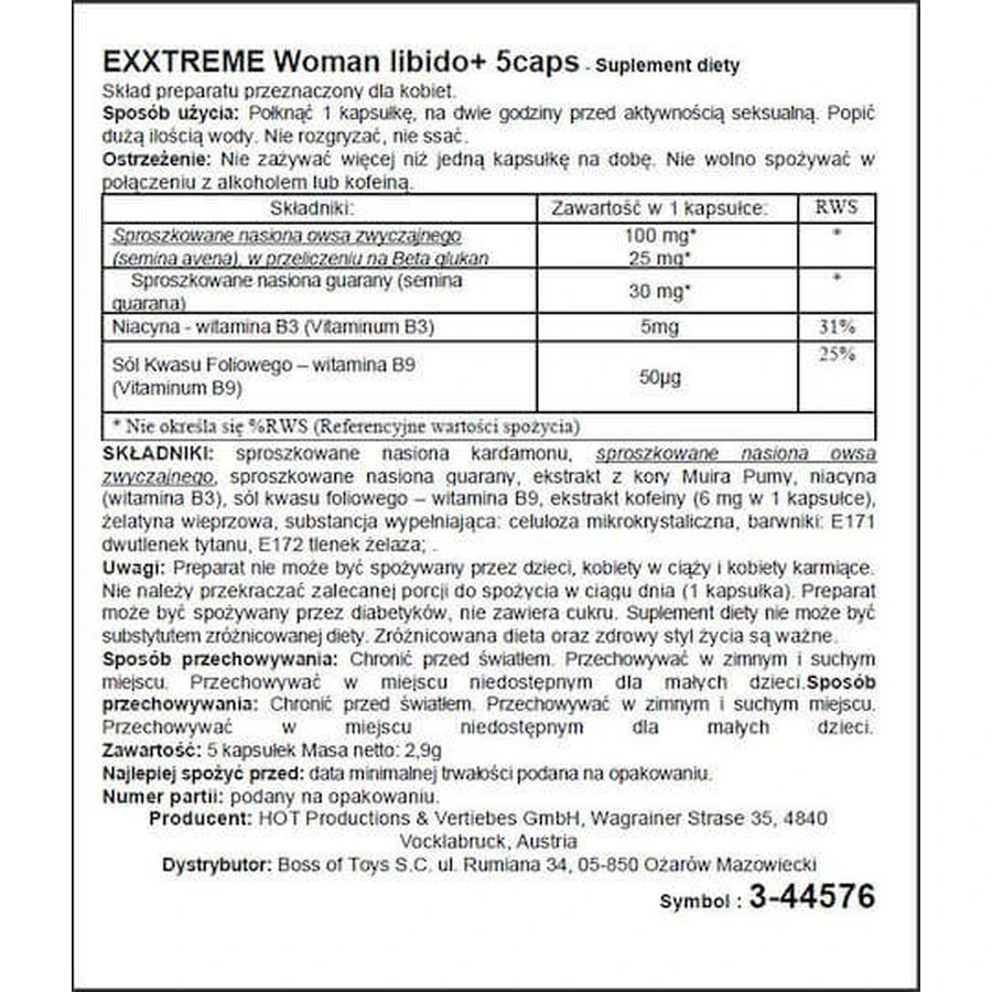 HOT Woman eXXtreme Libido Suplement diety Special 5 kapsułek: ceny i cechy