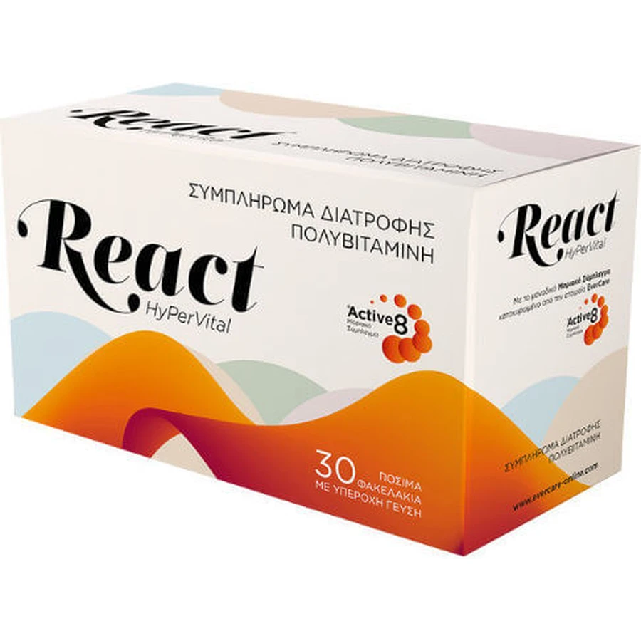 Evercare React HyPerVital Multivitamină pentru Energie, Întărirea Sistemului Imunitar & Sistemul Nervos 30 pliculețe