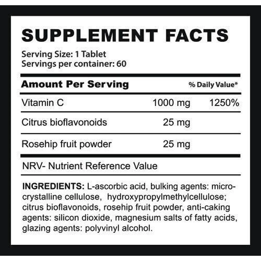 Fire & Spear Vit C Vitamina pentru Energie, Întărirea Sistemului Imunitar & Pielea 1000mg potrivit pentru adulți 50+ 60 Tablete