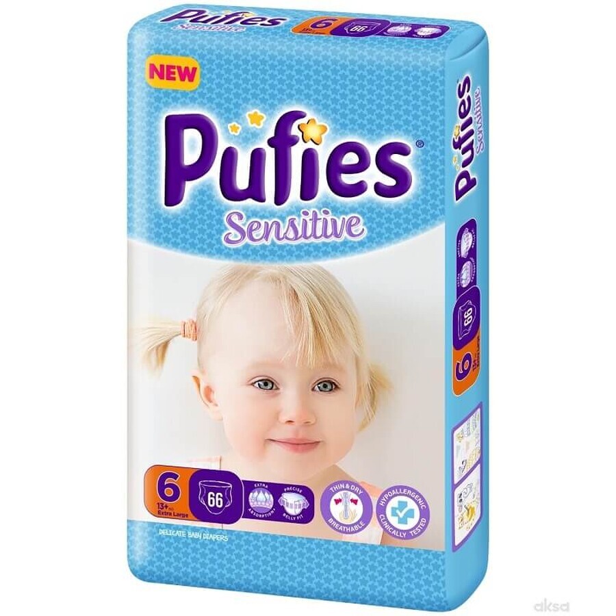 Scutece Extra Large Sensitive Nr. 6, +13 kg, 66 bucati, Pufies