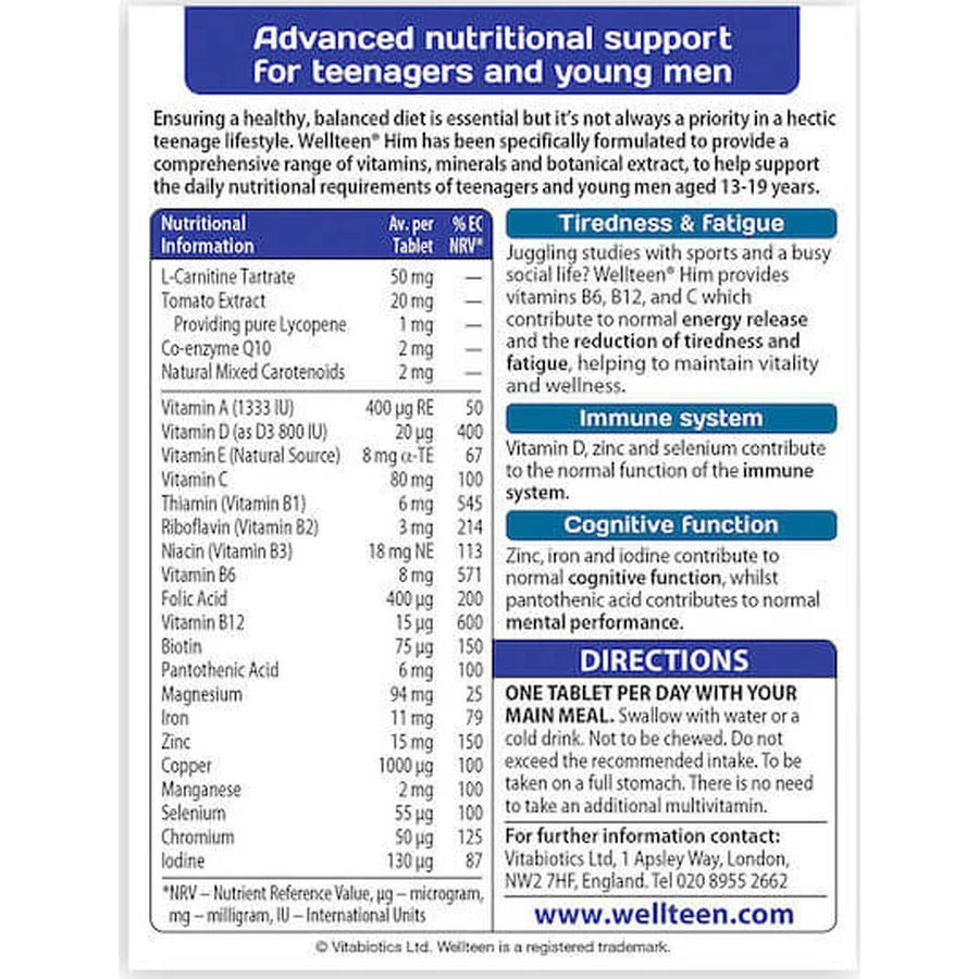 Vitabiotics Wellteen Him Multivitamină pentru Energie & Întărirea Sistemului Imunitar 30 Tablete