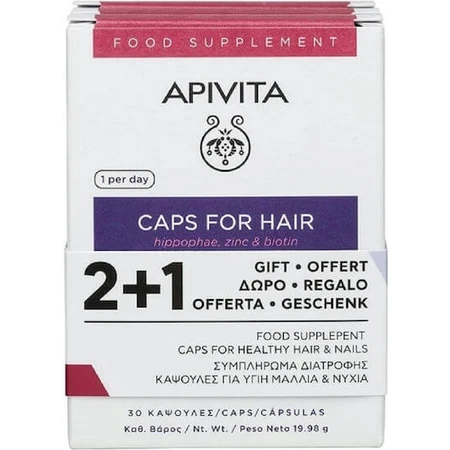 Apivita Caps für Haare Hippophae, Zink & Biotin Nahrungsergänzungsmittel Spezial 3 x 10 Kapseln