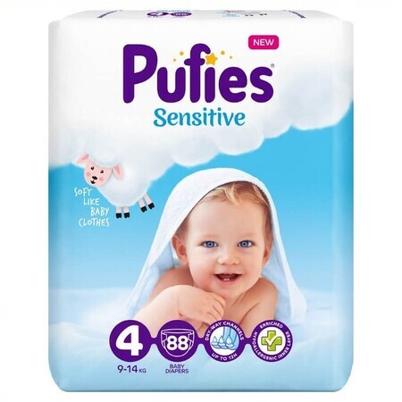 Scutece Maxi Sensitive Nr. 4, 9-14 kg, 88 bucati, Pufies