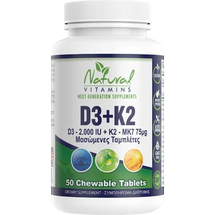 Natural Vitamins D3 + K2 Vitamina pentru Întărirea Sistemului Imunitar & Sănătatea Oaselor 50 tablete masticabile