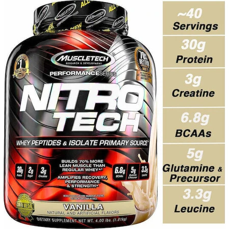 MuscleTech Nitrotech Whey Protein Białko Serwatkowe z Kreatyną i Smakiem Kremu Waniliowego 1,8kg: ceny i cechy