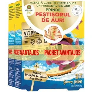 Confezione di pesci rossi gommosi con Omega-3 e aromatizzati al limone verde e al frutto della passione, 2x27 gelatine, Moller's