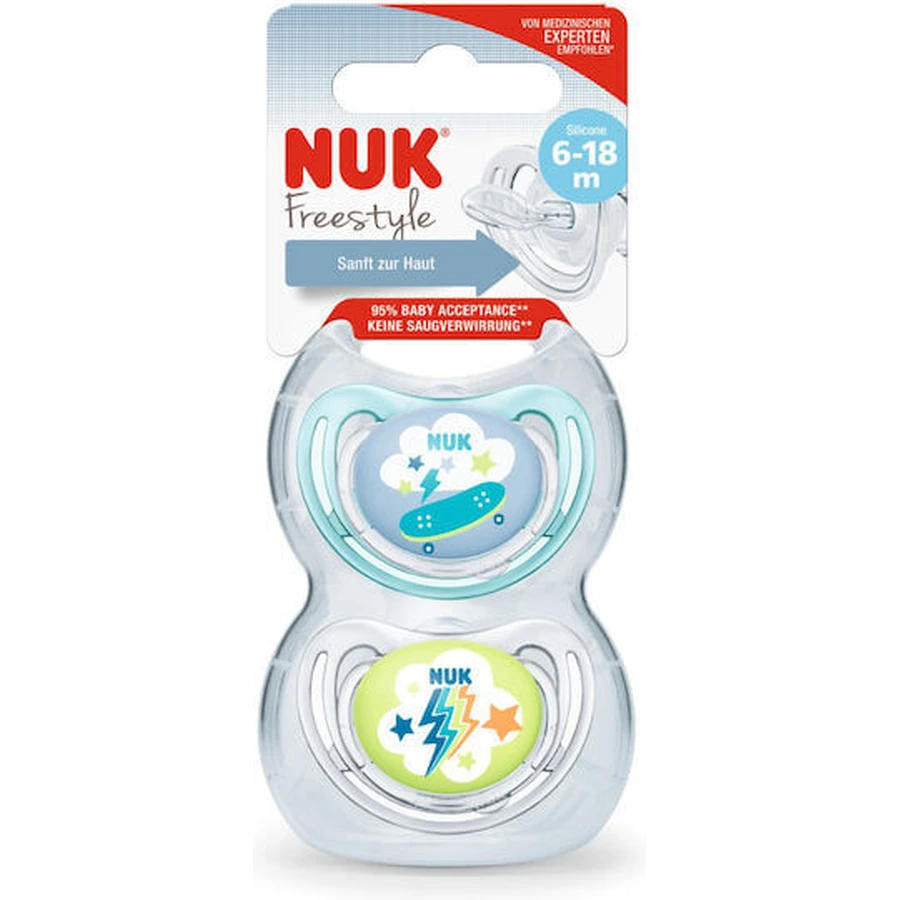 Succhiotti ortodontici in silicone Nuk Freestyle con copertura Skateboard/Fulger - Azzurro/Trasparente per 6-18 mesi 2 pz.