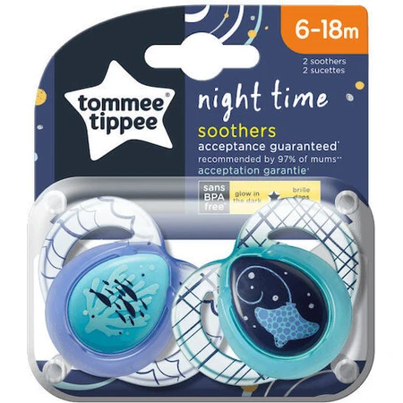 Tommee Tippee Succhietto Ortodontico Notturno in Silicone Succhietto Grande - Blu-Blu Aperto per 6-18 mesi 2 pz.